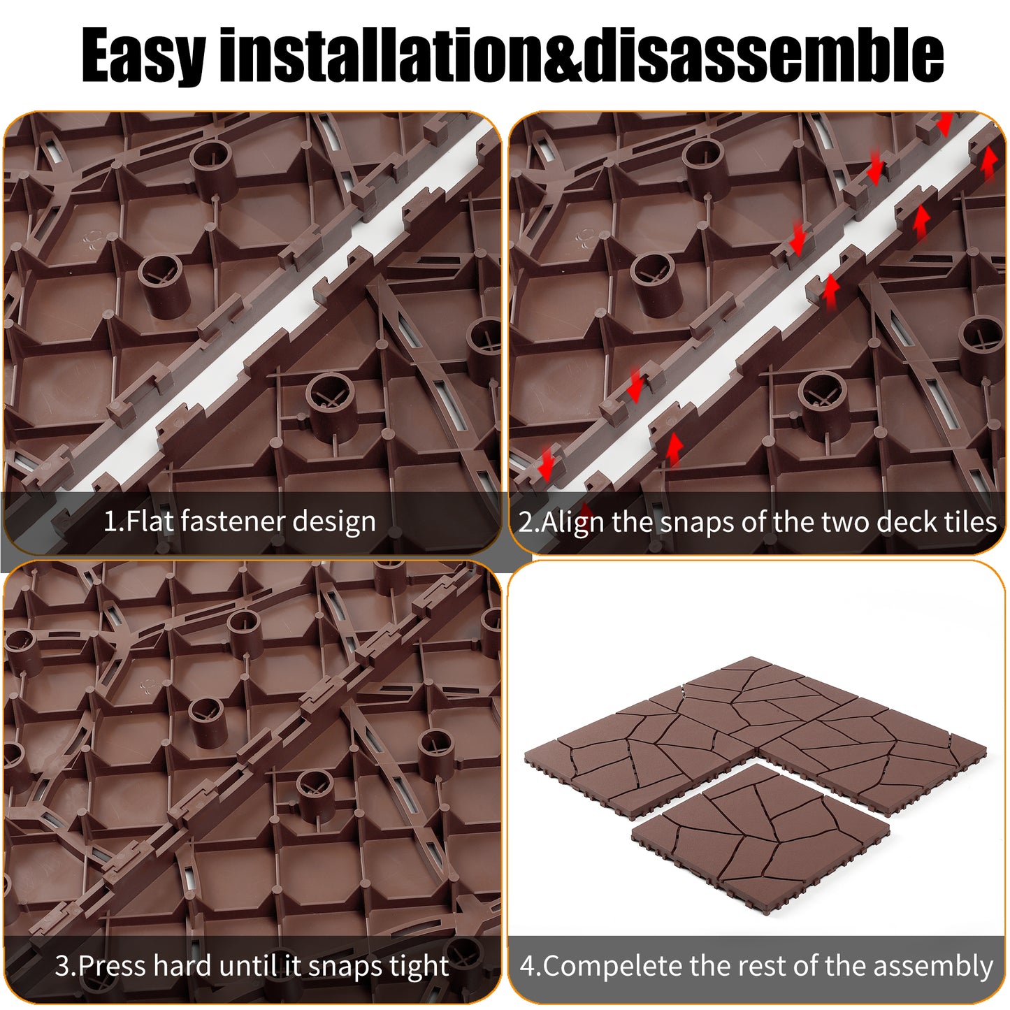 Stone Style 12" Patio Deck Tiles, DIY Module Interlocking Decking Tiles Floor Tile Outdoor and Indoor,Easy and Quick Installation Court Tiles for Porch Poolside Balcony Backyard 44pcs, Brown