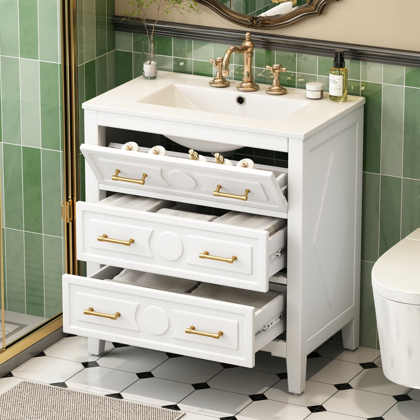 30'' Bathroom Vanity with Ceramic Sink Combo, Free Standing Single Vanity Set with 3 Drawers, Solid Wood Frame Bathroom Storage Cabinet, White