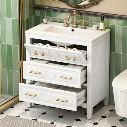 30'' Bathroom Vanity with Ceramic Sink Combo, Free Standing Single Vanity Set with 3 Drawers, Solid Wood Frame Bathroom Storage Cabinet, White