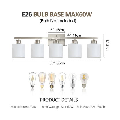 Brushed Nickel Bathroom Light Fixtures, 5-Light Modern Vanity Light Over Mirror, Wall Sconces with Milky White Frosted Glass Shades, E26 Socket (Bulbs Not Included)