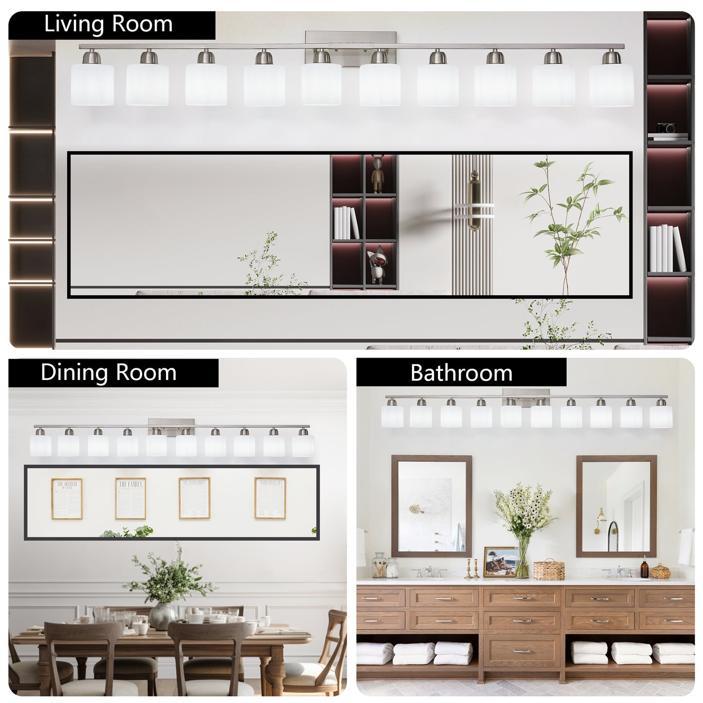 10-Light Bathroom Light Fixtures, 6552inch Nickel Vanity Light with Milky White Glass Shade, Modern Bathroom Wall Lights Over Mirror, Farmhouse Wall Sconces Lighting for Bedroom Living Room