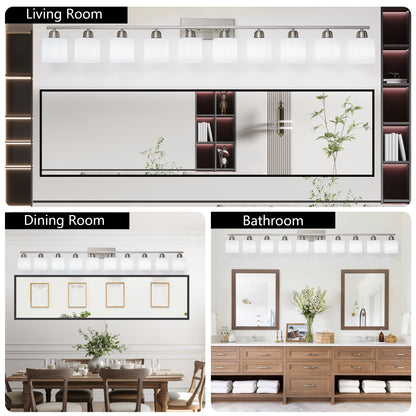 10-Light Bathroom Light Fixtures, 6552inch Nickel Vanity Light with Milky White Glass Shade, Modern Bathroom Wall Lights Over Mirror, Farmhouse Wall Sconces Lighting for Bedroom Living Room