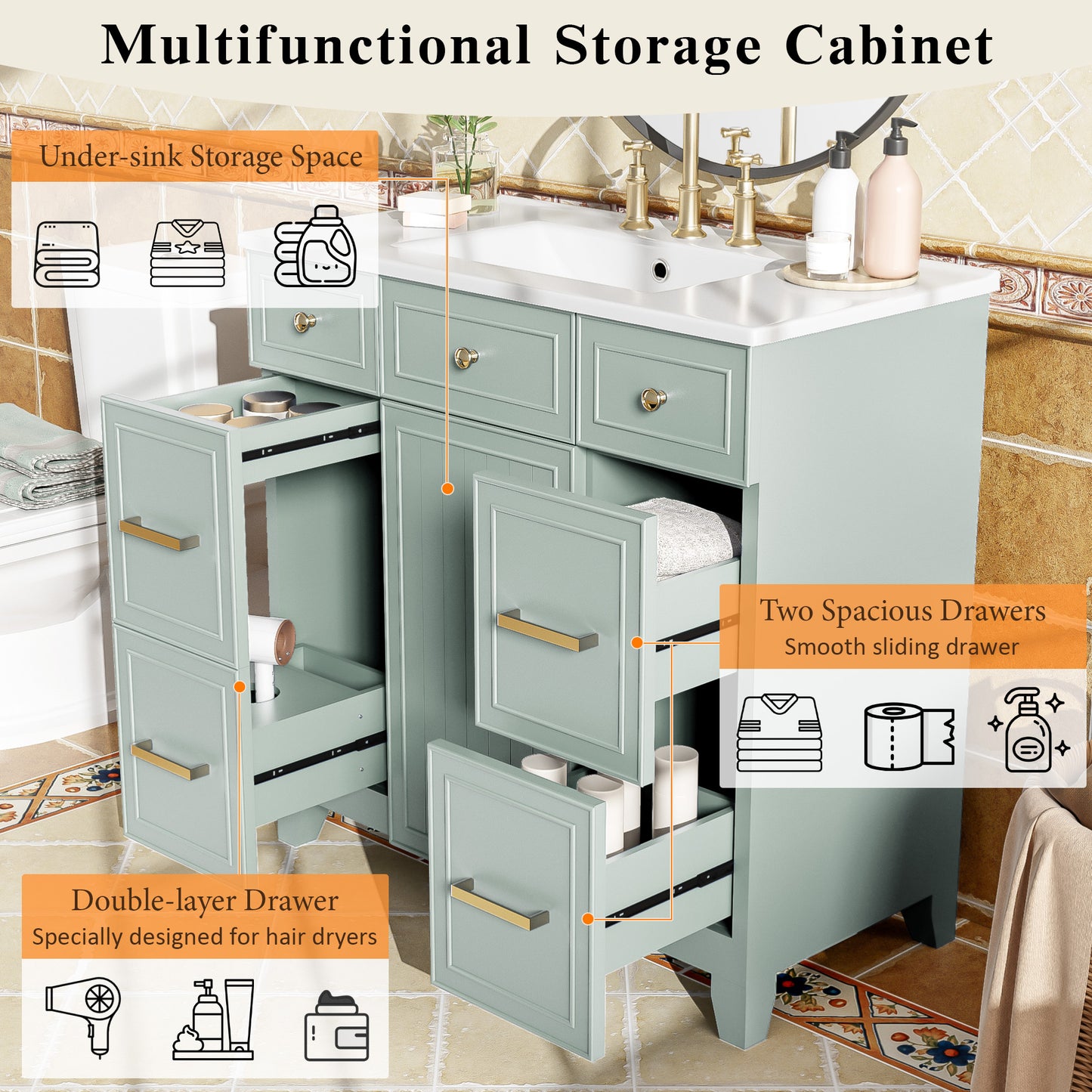 36" Bathroom Vanity with Ceramic Sink, Green, Solid Wood Frame, Soft Close Doors, Adjustable Shelves, 3 Drawers ,Including Double-Depth Drawer for Hairdryer Storage