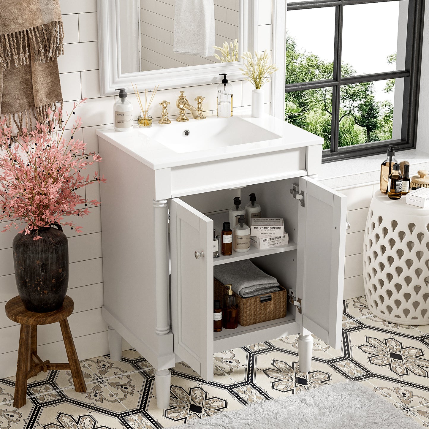 24'' Bathroom Vanity with Top Sink, 2-Tier Modern Bathroom Storage Cabinet, Single Sink Bathroom Vanity, Large Storage Shelves