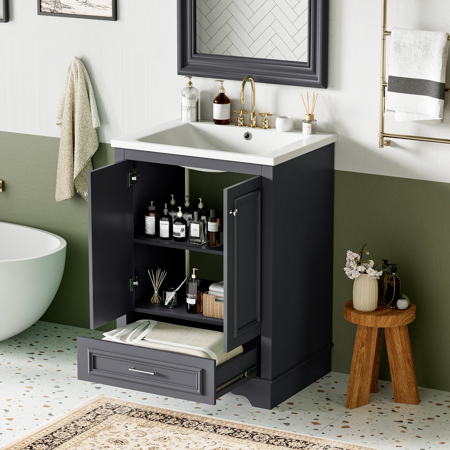 24'' Bathroom Vanity with Ceramic Sink Combo, Modern Freestanding Storage Cabinet  with Silver Handles,  Soft Closing Doors