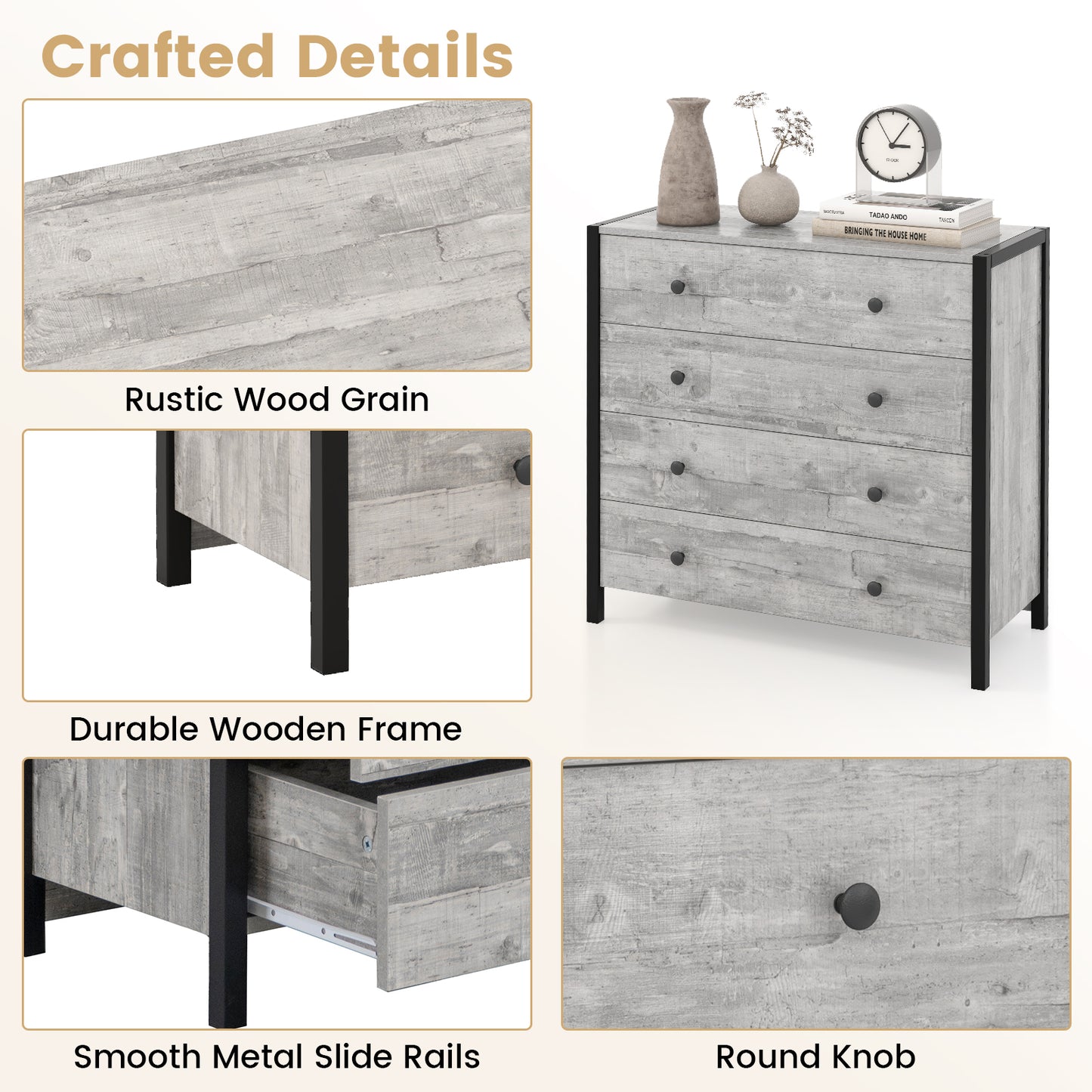 4-Drawer Dresser Modern Wooden Chest of Drawers for Bedroom Living Room-Gray