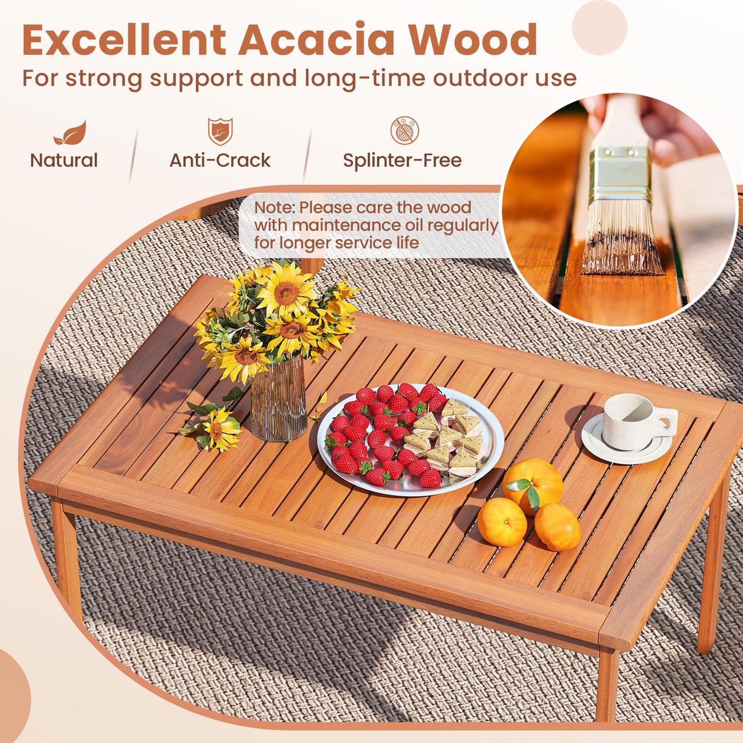 4 Pieces Patio Furniture Set Acacia Wood Porch Chairs with Table-White