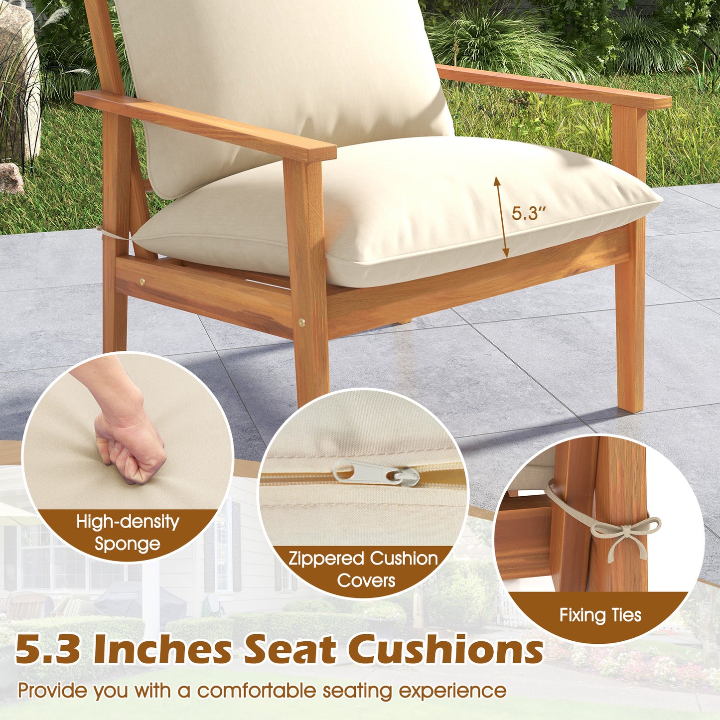 4 Pieces Outdoor Acacia Wood Conversation Set with Soft Cushions and Coffee Table-White
