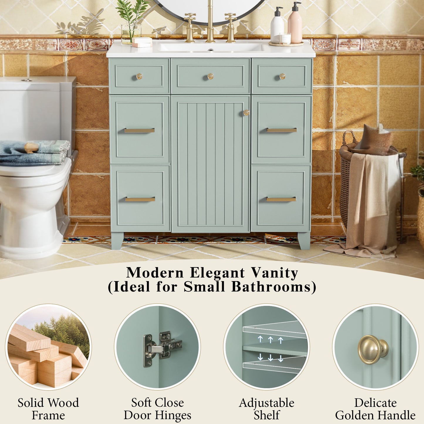 36" Bathroom Vanity with Ceramic Sink, Green, Solid Wood Frame, Soft Close Doors, Adjustable Shelves, 3 Drawers ,Including Double-Depth Drawer for Hairdryer Storage