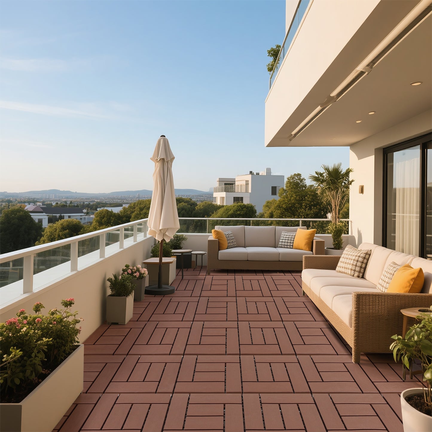 12-inch interlocking deck tiles, DIY modular interlocking decking floor tiles, indoor and outdoor floor tiles, courtyard floor tiles that easy to install quickly ,44 pieces, Brown