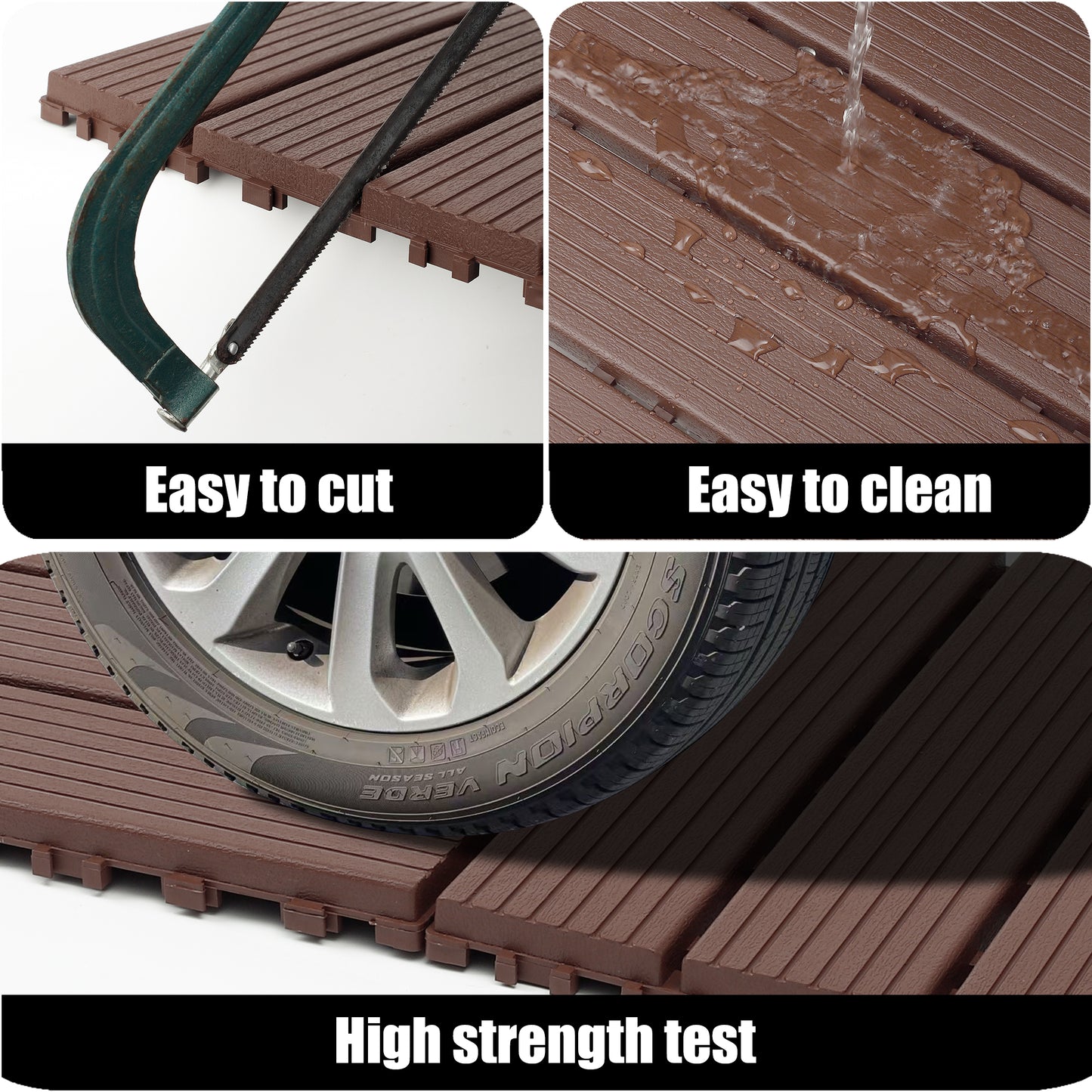Plastic interlocking decking tiles, 44 packs of terrace decking tiles, 12 inches x 12 inches waterproof for all-weather use, backyard pool decking tiles, Brown