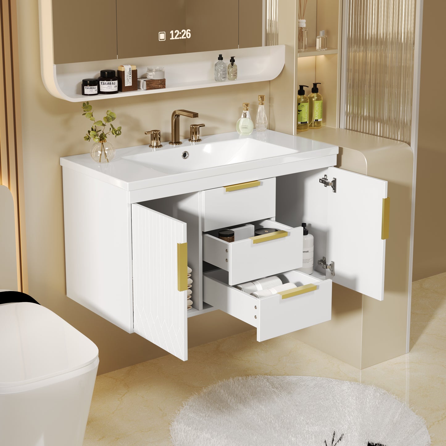 36'' Wall Mounted Bathroom Vanity, Floating Bathroom Storage Cabinet with 2 Drawers, Solid Wood Bathroom Cabinet