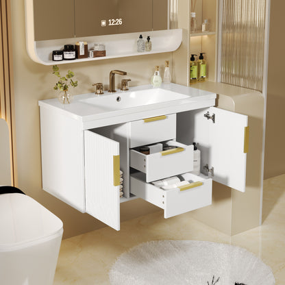 36'' Wall Mounted Bathroom Vanity, Floating Bathroom Storage Cabinet with 2 Drawers, Solid Wood Bathroom Cabinet