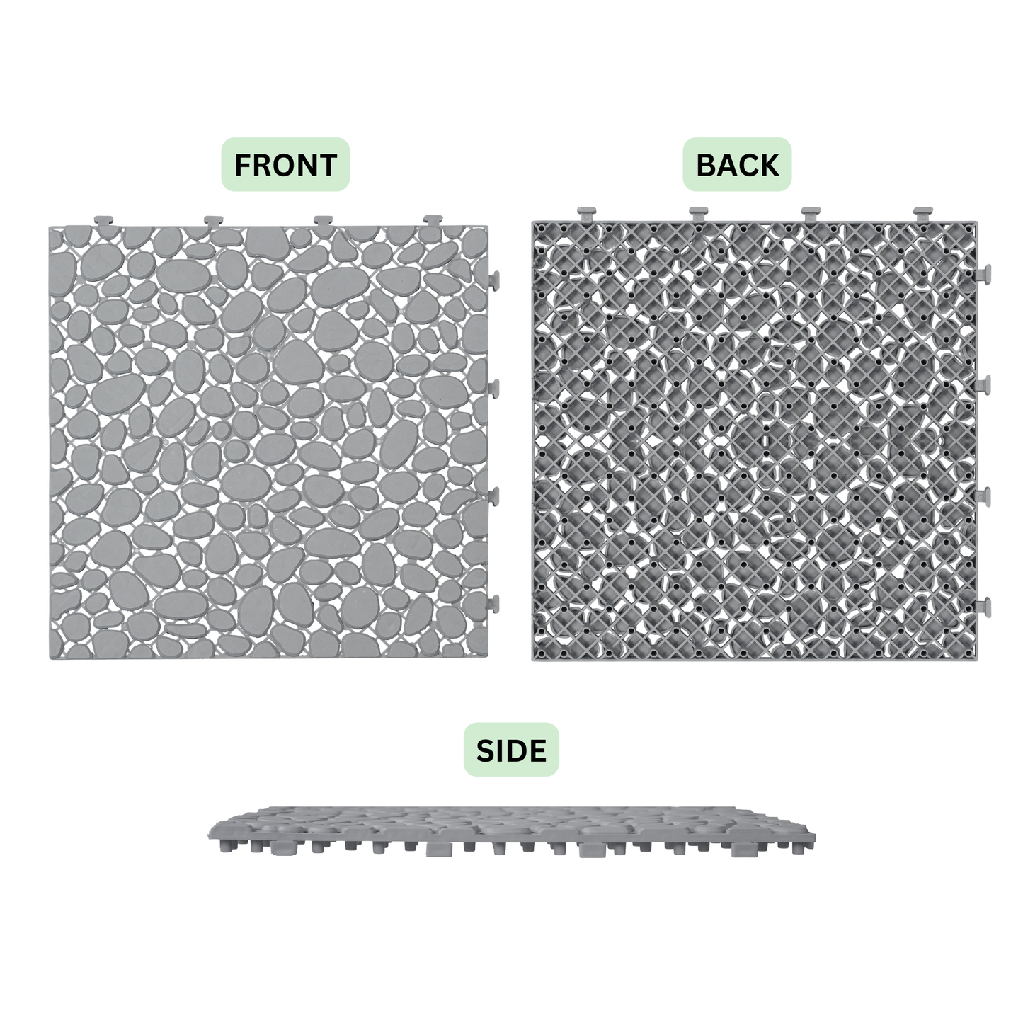 12 x 12 Inch Gray Interlocking Deck Tiles Plastic Waterproof Outdoor All Weather Anti-slip Bathroom Shower Balcony Porch Strong Weight Capacity Upto 440 LBS, Pebble Stone Pattern Pack of 12