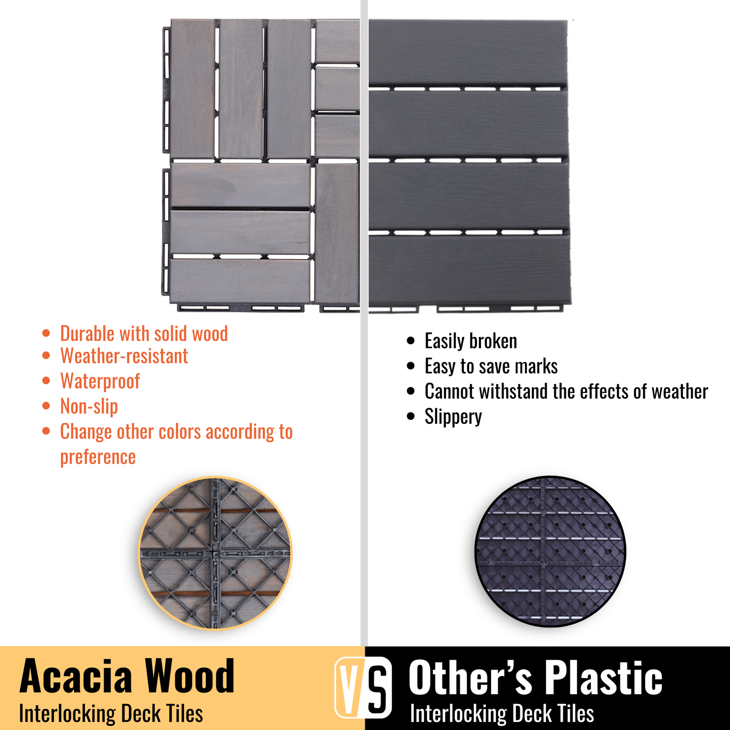 10 PCS Interlocking Deck Tiles Checker Pattern, 12" x 12" Light Gray Square Acacia Hardwood Outdoor Flooring for Patio, Bancony, Pool Side
