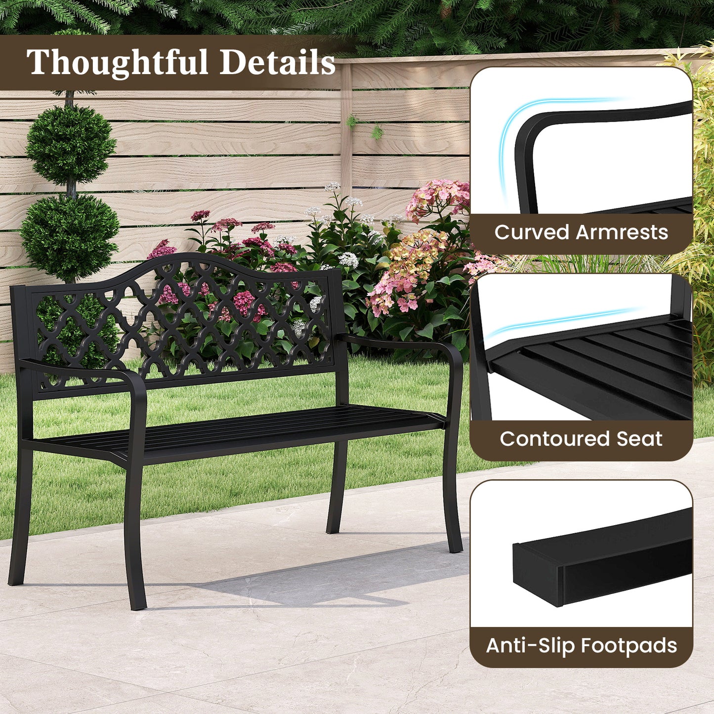 50.5 Inch Patio Bench with Curved Armrests for 2-3 People-Black