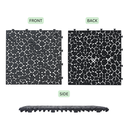 12 x 12 Inch Black Interlocking Deck Tiles Plastic Waterproof Outdoor All Weather Anti-slip Bathroom Shower Balcony Porch Strong Weight Capacity Upto 440 LBS, Pebble Stone Pattern Pack of 12