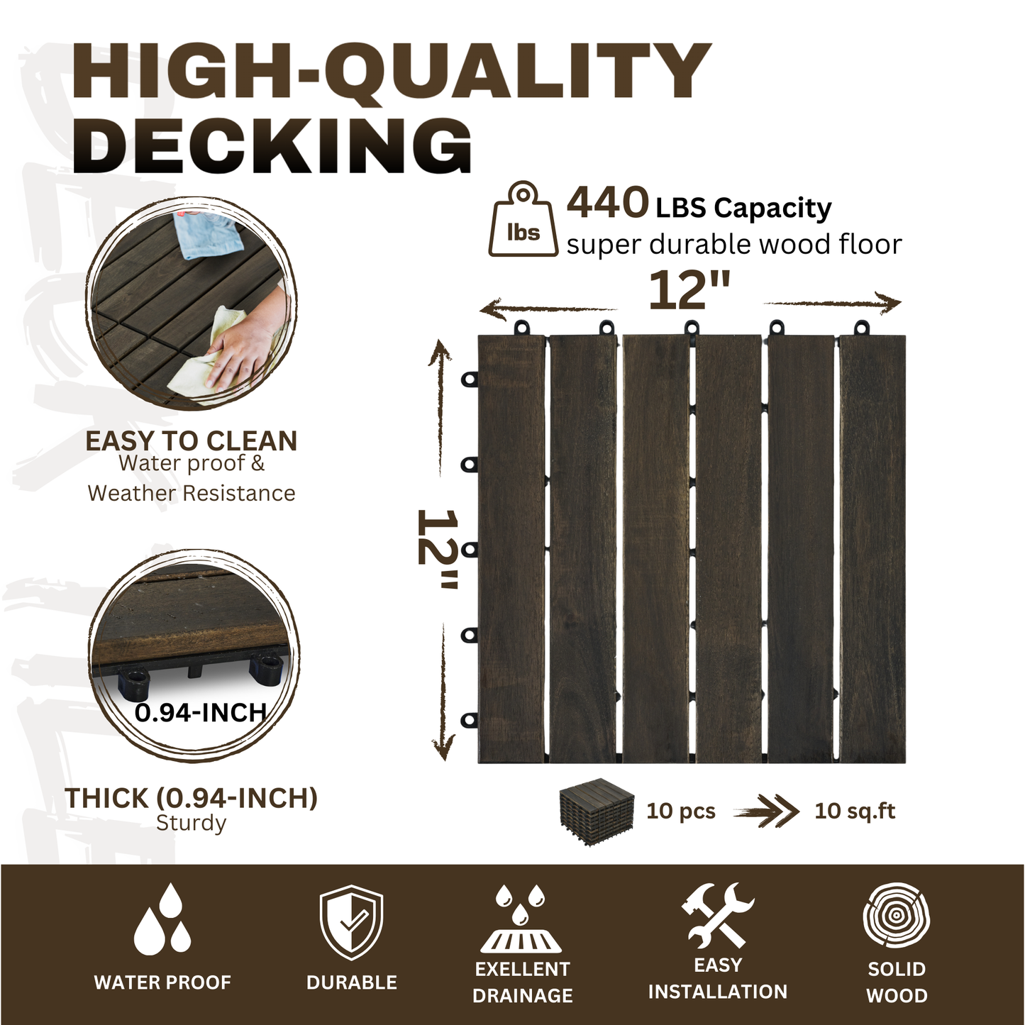10 PCS Interlocking Deck Tiles Striped Pattern, 12" x 12" Dark Brown Square Acacia Hardwood Outdoor Flooring for Patio, Bancony, Pool Side