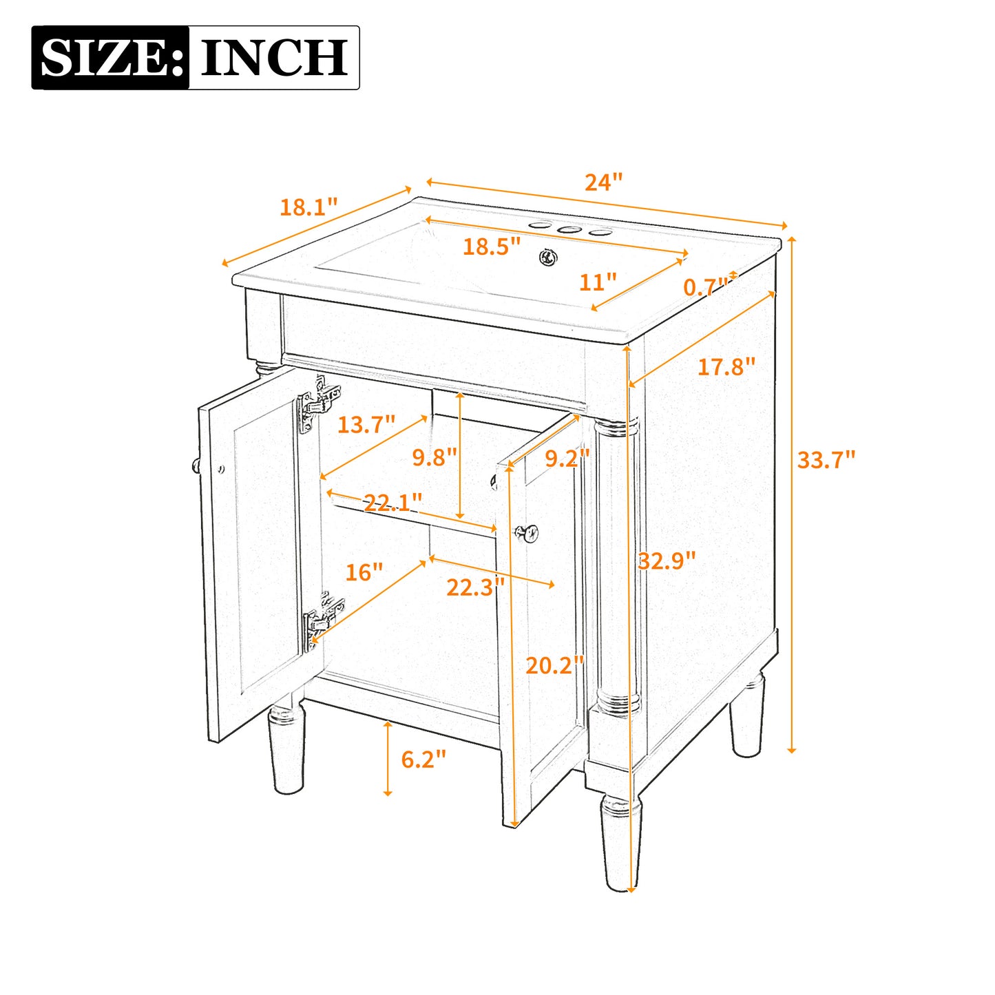 24'' Bathroom Vanity with Top Sink, 2-Tier Modern Bathroom Storage Cabinet, Single Sink Bathroom Vanity, Large Storage Shelves