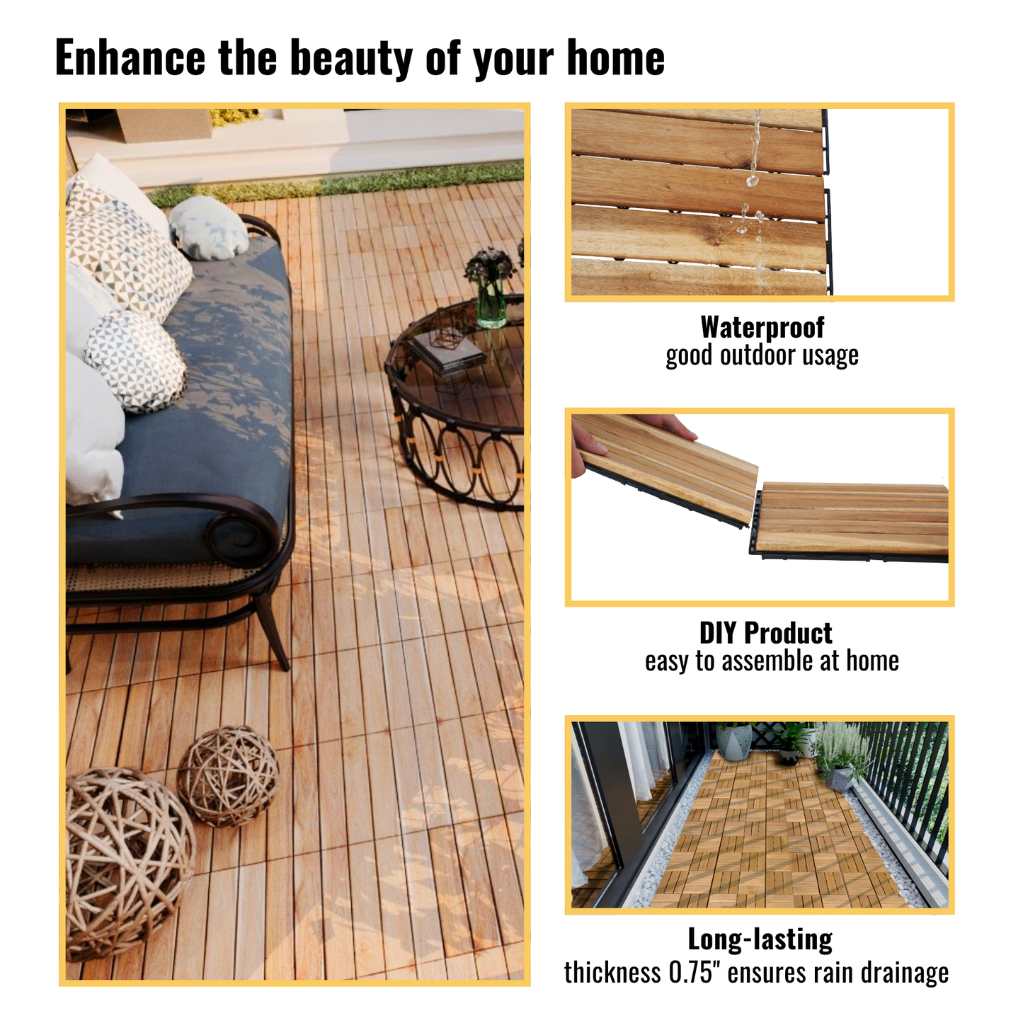10 PCS Interlocking Deck Tiles Striped Pattern, 12" x 12" Square Yellow Acacia Hardwood Outdoor Flooring for Patio, Bancony, Pool Side