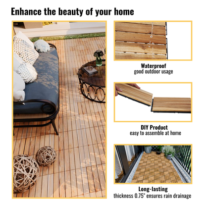 10 PCS Interlocking Deck Tiles Striped Pattern, 12" x 12" Square Yellow Acacia Hardwood Outdoor Flooring for Patio, Bancony, Pool Side