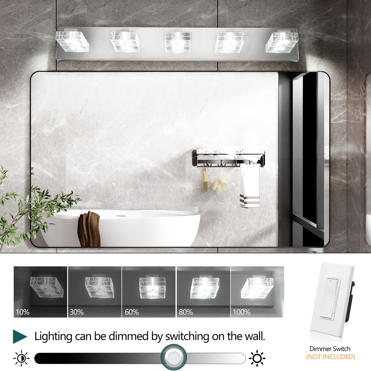 31" Modern Chrome 5-Light LED Vanity Light, Square Acrylic Lampshades Wall Mount Fixture for Bathroom, Mirror Lighting