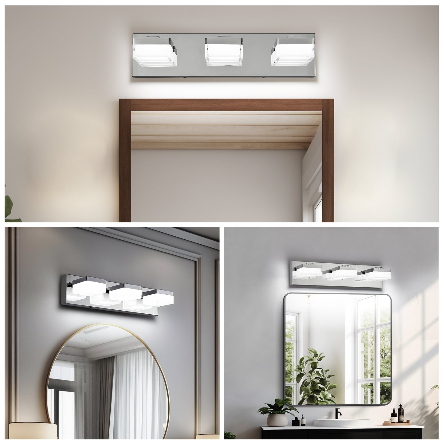 Modern Chrome LED Vanity Light, 3-Lights Wall Sconce for Bathroom and Mirror, Sleek Minimalist Design, Energy-Efficient, Easy to Install