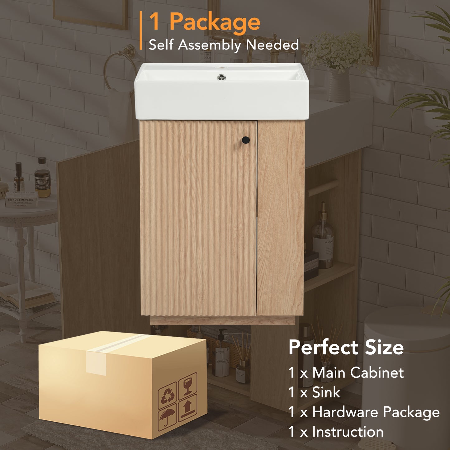 21.6" bathroom vanity with ceramic sink, freestanding modern left door wood grain cabinet with open and closed storage for small bathrooms