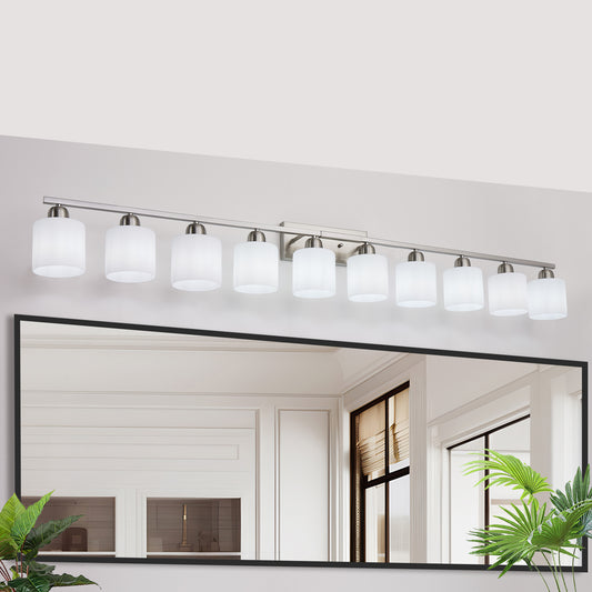 10-Light Bathroom Light Fixtures, 6552inch Nickel Vanity Light with Milky White Glass Shade, Modern Bathroom Wall Lights Over Mirror, Farmhouse Wall Sconces Lighting for Bedroom Living Room