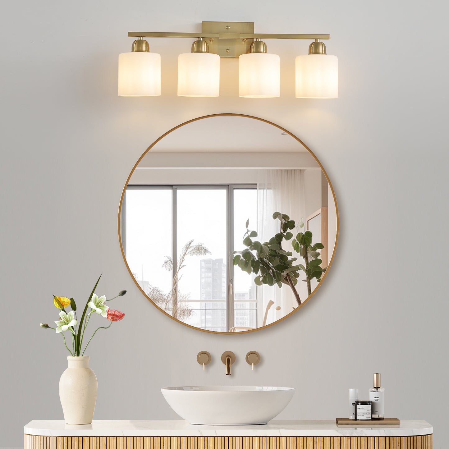 Gold Bathroom Light Fixtures, 4-Light Modern Vanity Light Over Mirror, Wall Sconces with Milky White Frosted Glass Shades, E26 Socket (Bulbs Not Included)