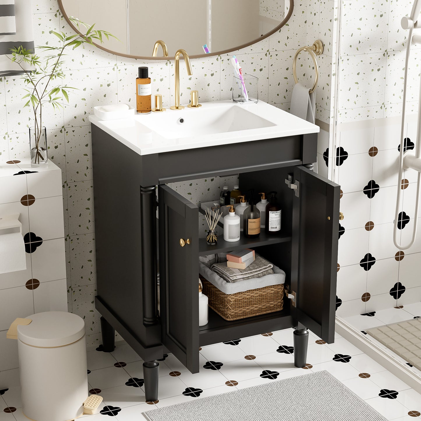 24'' Bathroom Vanity with Top Sink, 2-Tier Modern Bathroom Storage Cabinet, Single Sink Bathroom Vanity, Large Storage Shelves