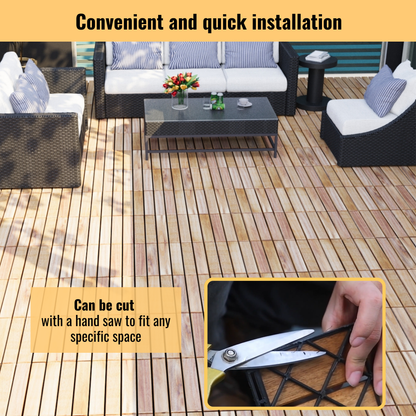 10 PCS Interlocking Deck Tiles Striped Pattern, 12" x 12" Square Yellow Acacia Hardwood Outdoor Flooring for Patio, Bancony, Pool Side