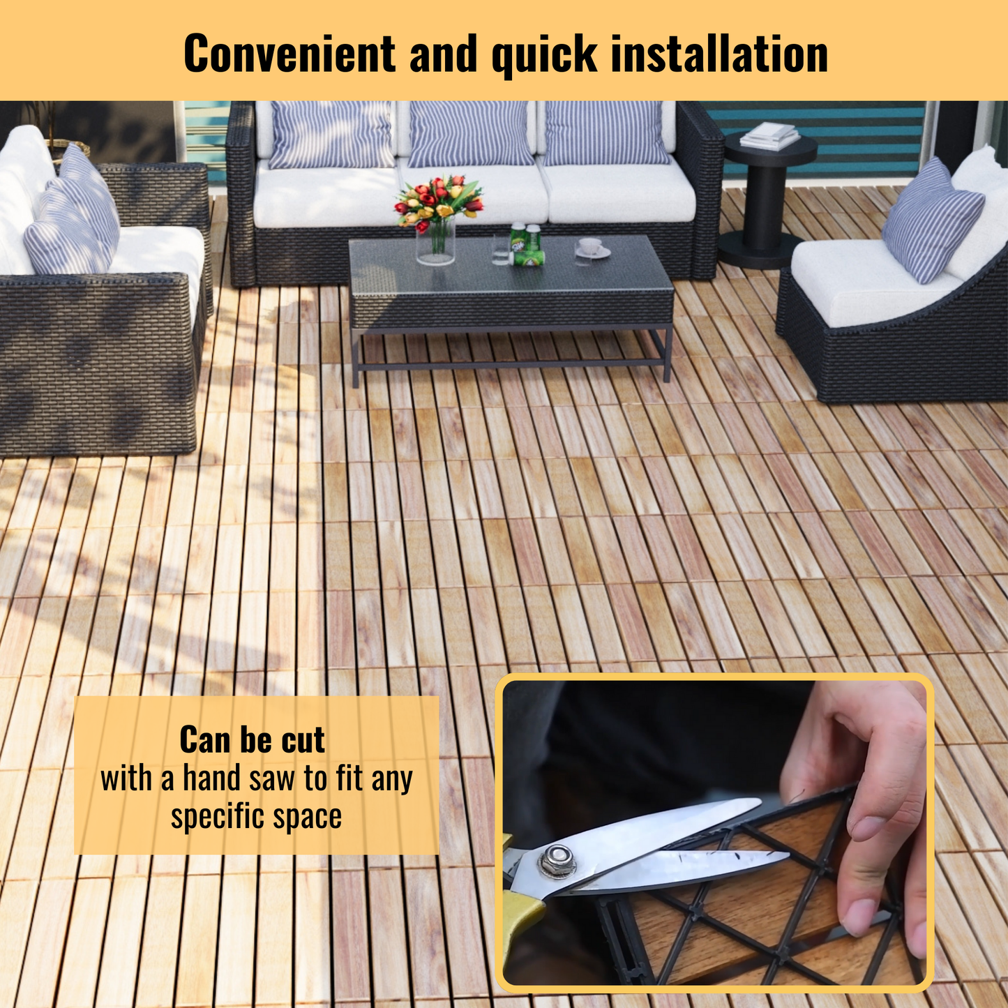 20 PCS Interlocking Deck Tiles Striped Pattern, 12" x 12" Square Yellow Acacia Hardwood Outdoor Flooring for Patio, Bancony, Pool Side