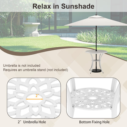 5 Piece Patio Cast Aluminum Dining Table Chair Set Bistro Set with Umbrella Hole-White