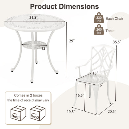 5 Piece Patio Cast Aluminum Dining Table Chair Set Bistro Set with Umbrella Hole-White