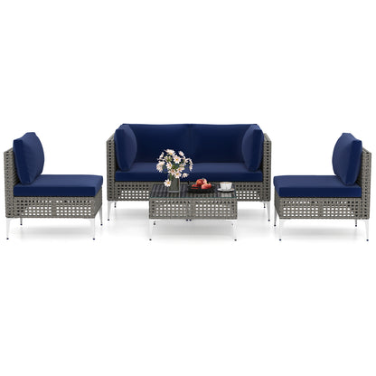 5 Piece Outdoor Furniture Set Patio Rattan Chairs with Tempered Glass Coffee Table-Navy