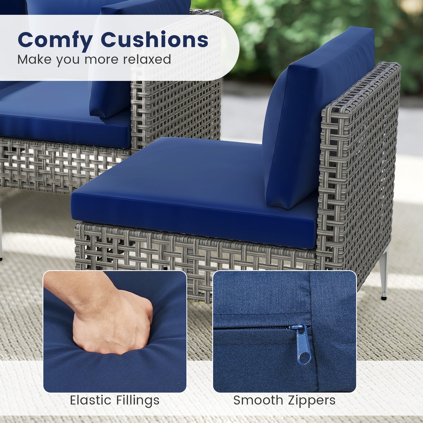 5 Piece Outdoor Furniture Set Patio Rattan Chairs with Tempered Glass Coffee Table-Navy