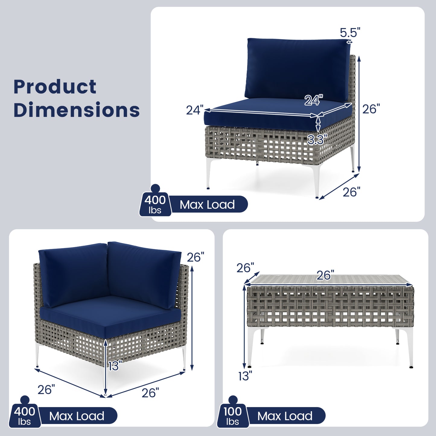 5 Piece Outdoor Furniture Set Patio Rattan Chairs with Tempered Glass Coffee Table-Navy