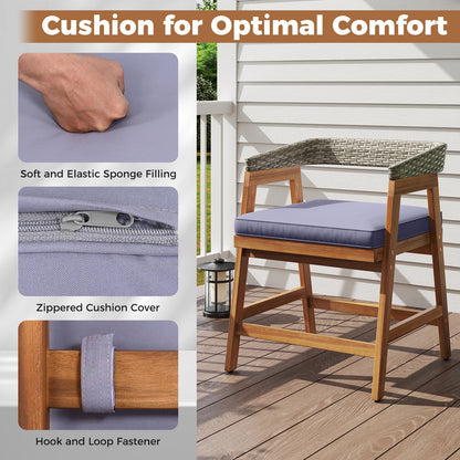 5 Piece Patio Dining Set Solid Wood with Rattan Backrest and Cushions