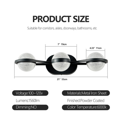 Bathroom Vanity Light, LED 3 Bulb Crystal Sand Acrylic Shades, Wall Mounted Decorative Lighting Fixture, Suitable for Bathroom Vanity Mirror (Black)