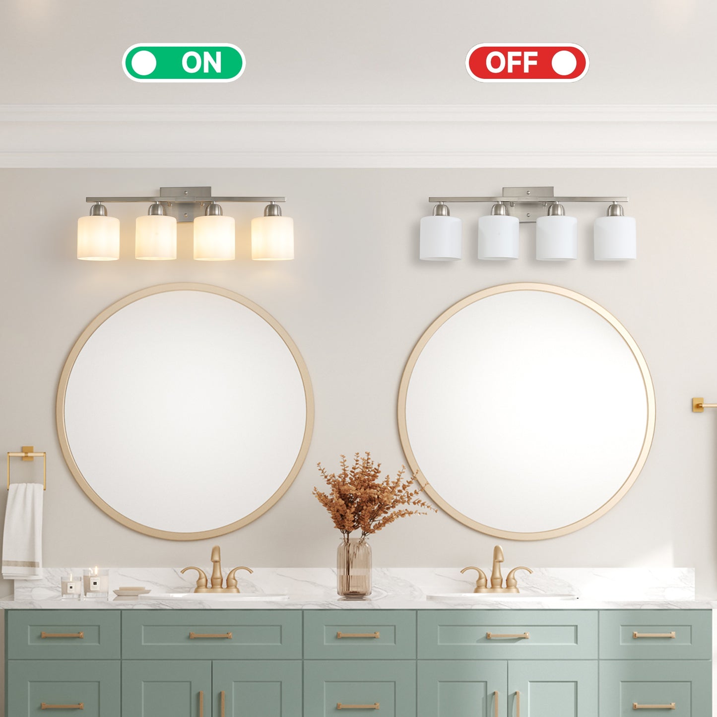 Brushed Nickel Bathroom Light Fixtures, 4-Light Modern Vanity Light Over Mirror, Wall Sconces with Milky White Frosted Glass Shades, E26 Socket (Bulbs Not Included)