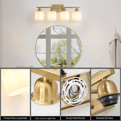 Gold Bathroom Light Fixtures, 4-Light Modern Vanity Light Over Mirror, Wall Sconces with Milky White Frosted Glass Shades, E26 Socket (Bulbs Not Included)