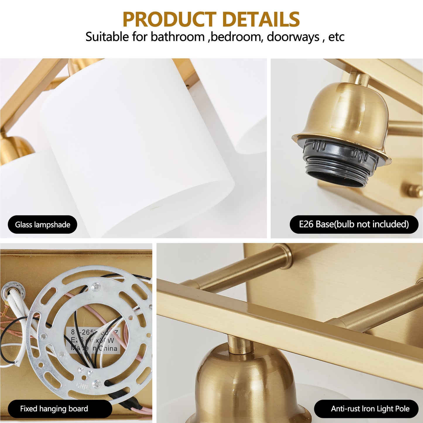 52inch Gold Bathroom Light Fixtures, Modern Bathroom Vanity Light with Milky White Glass Shade, Gold Wall Lamp Sconces for Mirror Bedroom, Living Room Hallway