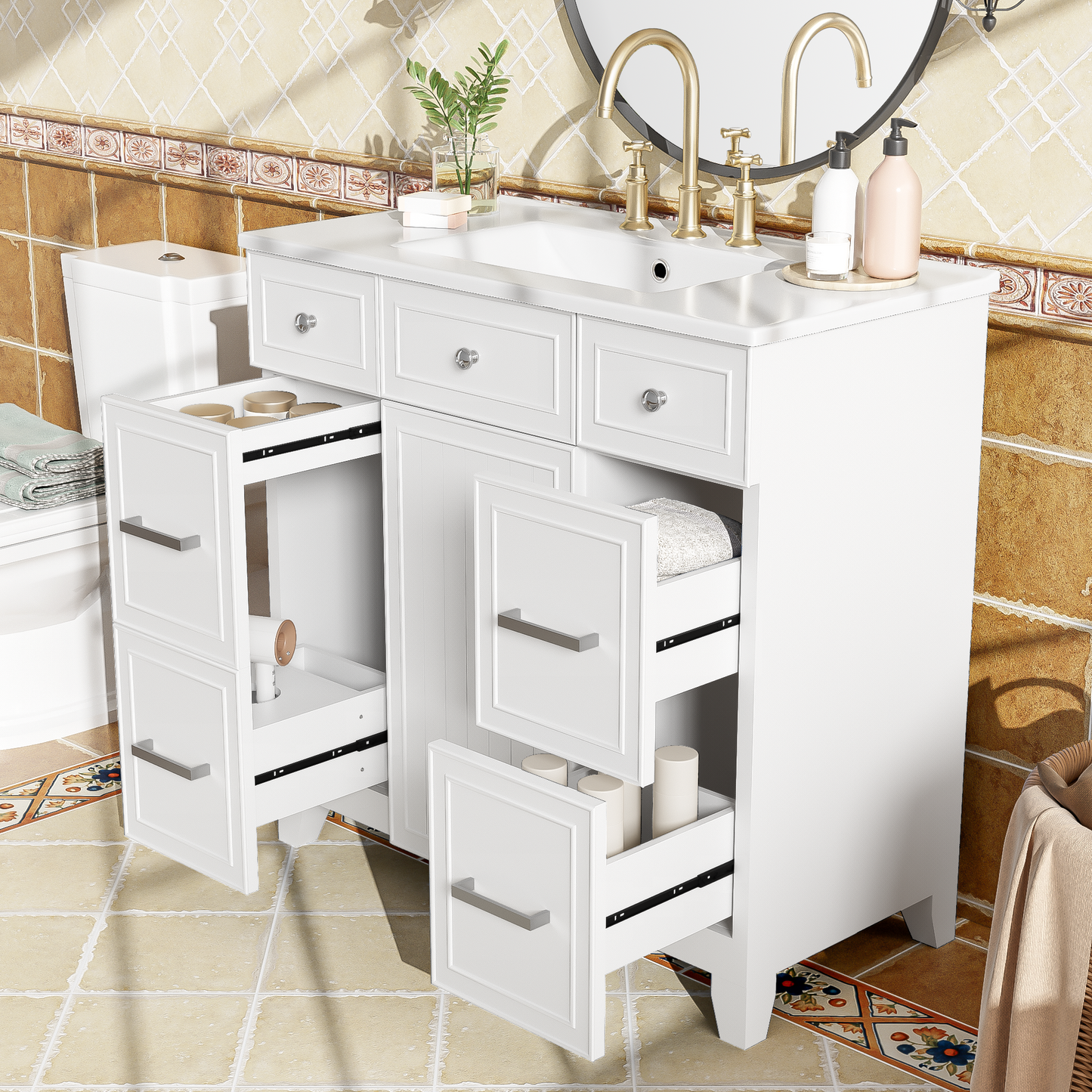 36" Bathroom Vanity with Ceramic Sink, White, Solid Wood Frame, Soft Close Doors, Adjustable Shelves, 3 Drawers ,Including Double-Depth Drawer for Hairdryer Storage