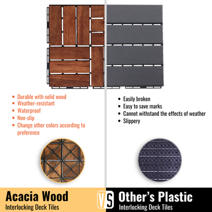 Acacia Wood Interlocking Deck Tiles Checker Pattern, 30 PCS  12" x 12" Square Acacia Hardwood Outdoor Flooring for Patio, Bancony, Pool Side