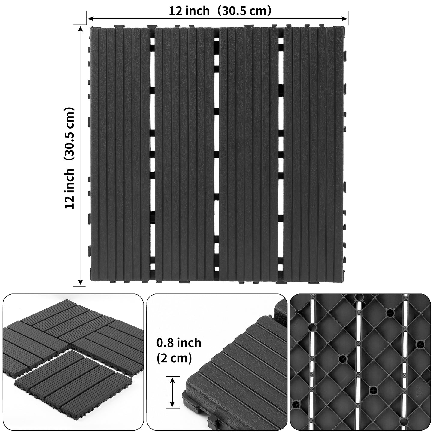 Plastic interlocking decking tiles, 44 packs of terrace decking tiles, 12 inches x 12 inches waterproof for all-weather use, backyard pool decking tiles, dark gray