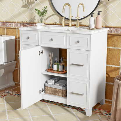 36" Bathroom Vanity with Ceramic Sink, White, Solid Wood Frame, Soft Close Doors, Adjustable Shelves, 3 Drawers ,Including Double-Depth Drawer for Hairdryer Storage