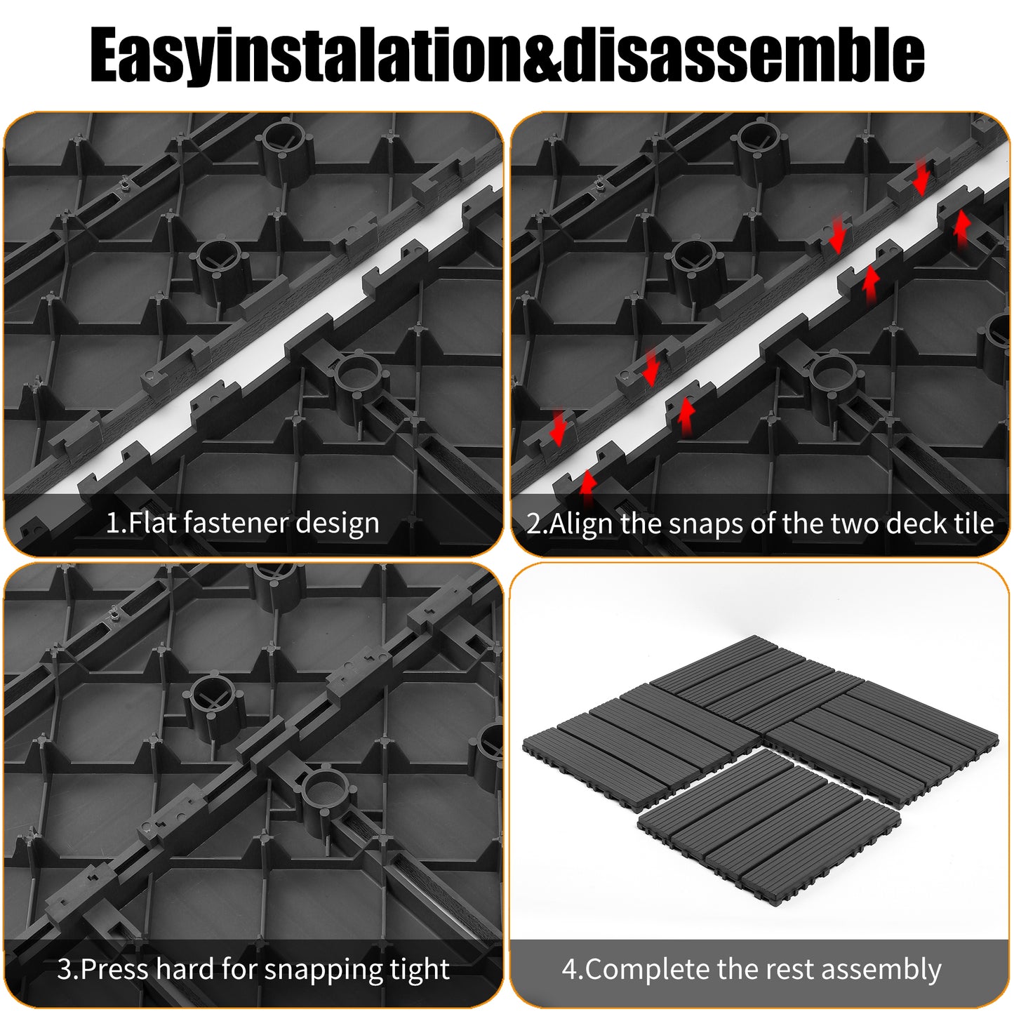 Plastic interlocking decking tiles, 44 packs of terrace decking tiles, 12 inches x 12 inches waterproof for all-weather use, backyard pool decking tiles, dark gray