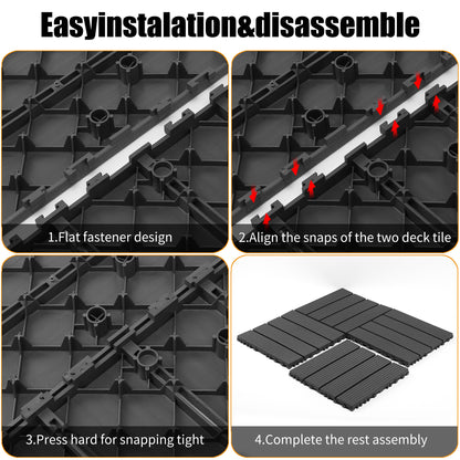 Plastic interlocking decking tiles, 44 packs of terrace decking tiles, 12 inches x 12 inches waterproof for all-weather use, backyard pool decking tiles, dark gray