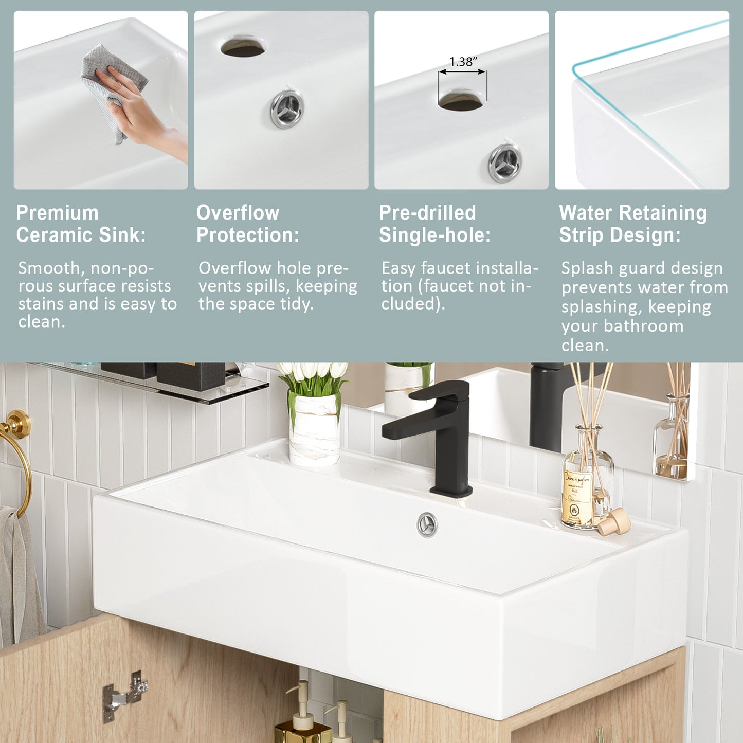 21.6" Wood Bathroom vanity, Combo Cabinet, Bathroom Storage Cabinet, Single Ceramic Sink, Right side storage